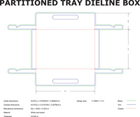 Detailed vector illustration of a partitioned tray box dieline layout with dimensions