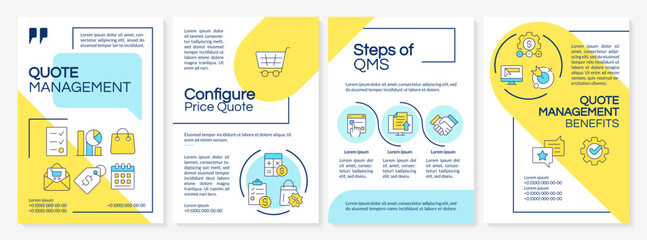Quote management process blue and yellow brochure layout. Price calculation. Business goal. Leaflet advertising design with color line icons. Editable 4 pages. Questrial, Lato-Regular fonts used