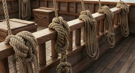 Ropes Hanging on Wooden Ship Railing with Storage Boxes