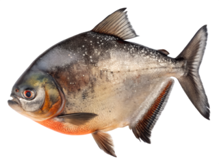 A large fish with a red and orange belly. The fish is swimming in the water. The fish is brown and black in color