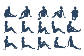 Minimalist Silhouette Set of Seated Human Figures. Minimalist Style, Casual Poses, with Varied Views and body types. Vector Illustration