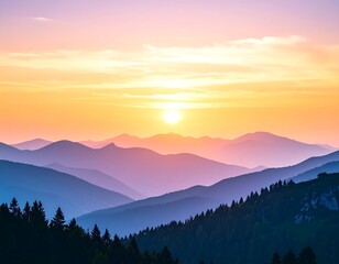 Mountain landscapes often showcase the beauty of nature with a sunrise illuminating the peaks or a sunset casting a warm glow across the valleys and hills