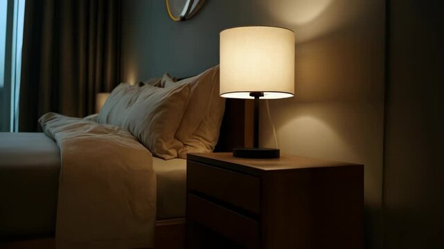 Warm light illuminates a bedside table lamp next to a bed with soft linens and pillows, creating a cozy and inviting bedroom scene.