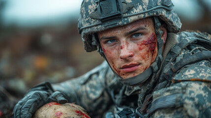 bearded army medic pressing hand on wounded limb with serious expression among soldiers 
