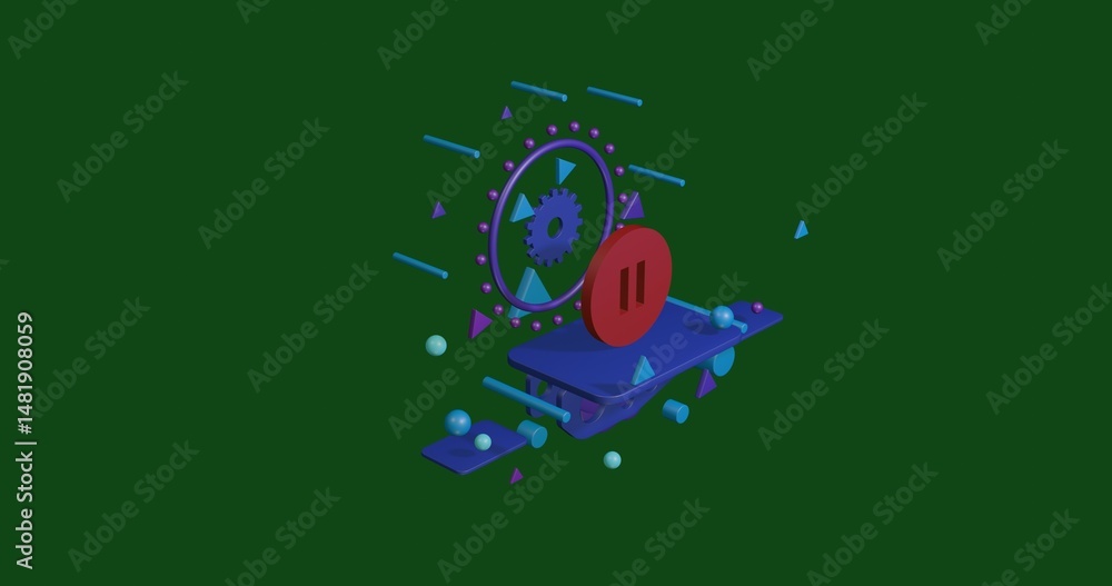 Poster red pause symbol on a pedestal of abstract geometric shapes floating in the air. abstract concept ar