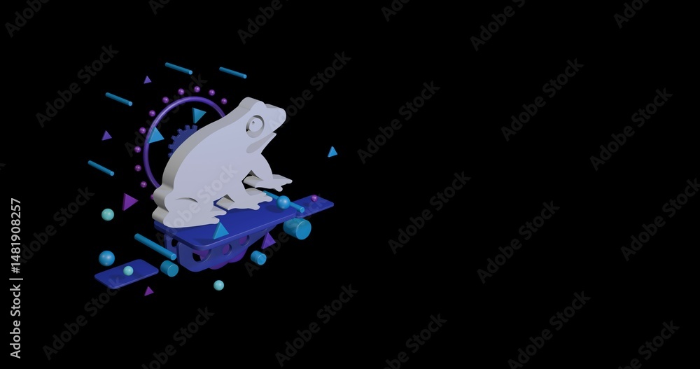 Poster white funny frog on a pedestal of abstract geometric shapes floating in the air. abstract concept ar
