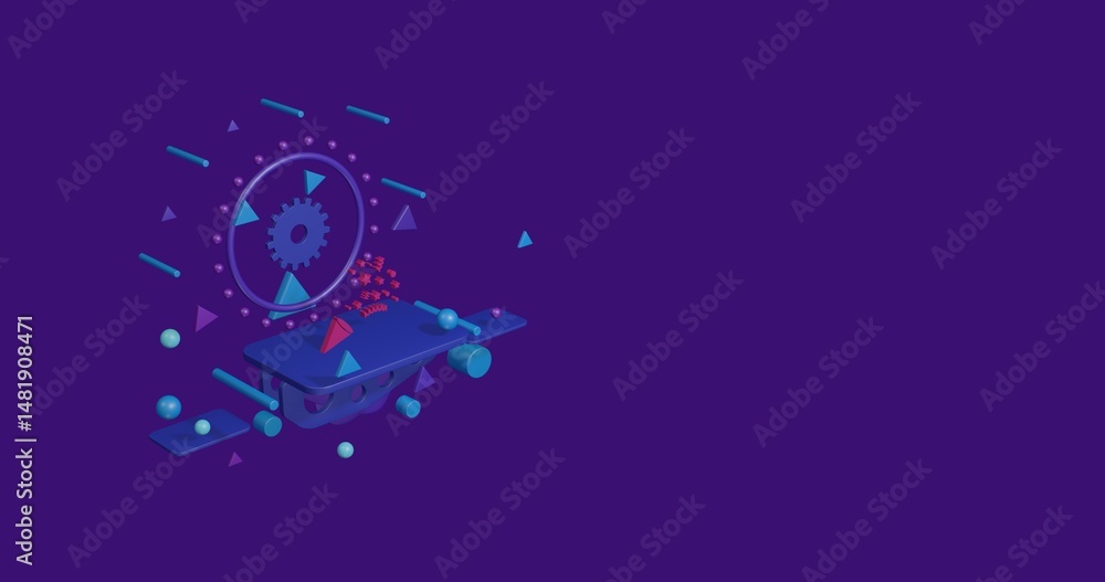 Poster pink exploding party popper on a pedestal of abstract geometric shapes floating in the air. abstract
