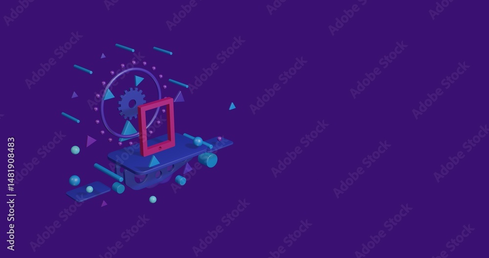 Poster pink tablet symbol on a pedestal of abstract geometric shapes floating in the air. abstract concept 