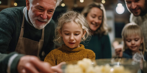 Family gathers joyfully around dinner preparation activity