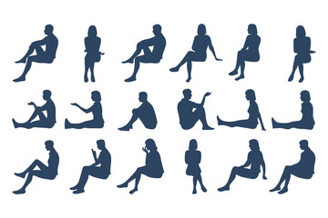 Minimalist Silhouette Set of Seated Human Figures. Minimalist Style, Casual Poses, with Varied Views and body types. Vector Illustration