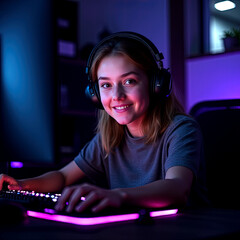 Professional gamer girl playing online games computer, Relaxation with video game