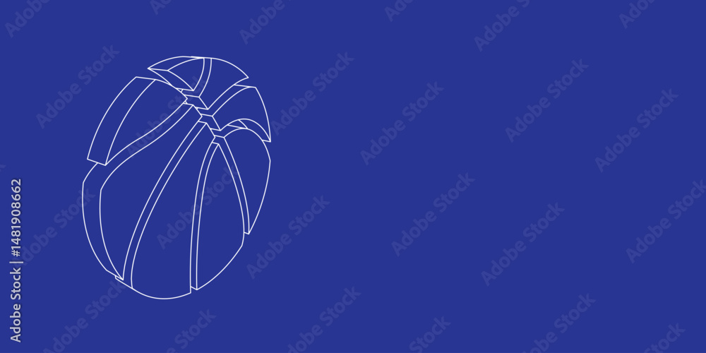 Poster the outline of a large basketball symbol made of white lines on the left. 3d view of the object in p