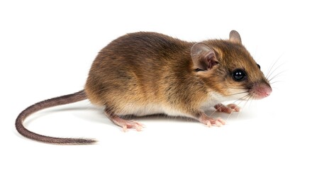 Small Brown Mouse Standing on White Background Close-up