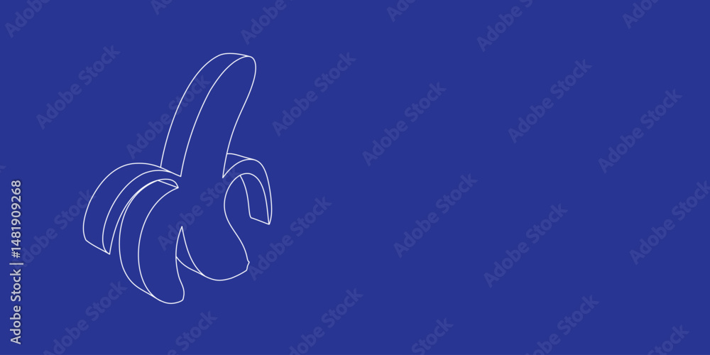 Poster the outline of a large peeled banana symbol made of white lines on the left. 3d view of the object i