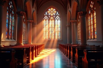 Fototapeta premium Tranquil church interior, sunlight streaming through stained glass windows , divine, calm, church
