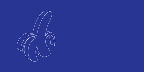Fototapeta premium The outline of a large peeled banana symbol made of white lines on the left. 3D view of the object in perspective. Vector illustration on indigo background