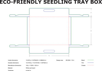 Eco-friendly seedling tray box design layout with dimensions and manufacturing details