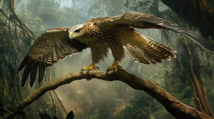 Fototapeta premium A Javan Hawk Eagle is balancing on a thin branch, ready to take flight. background wallpaper AI generated image