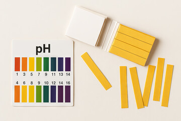 Colorful ph test kit with simple composition featuring yellow test strips and gradient color chart for accurate measurements, white background