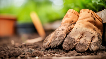 A pair of garden gloves lies on the ground, dirt-covered from a full day of planting and pruning, capturing the effort and care behind every thriving garden.