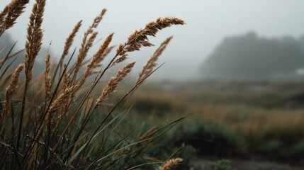 Obraz premium Misty Meadow: Golden Grasses in a Serene, Autumnal Landscape