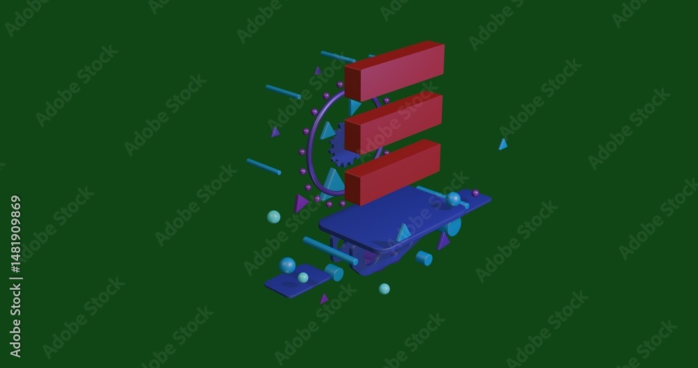Poster red identity symbol on a pedestal of abstract geometric shapes floating in the air. abstract concept