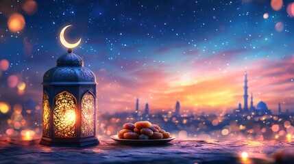 Lantern and Dates with Cityscape Background for Ramadan