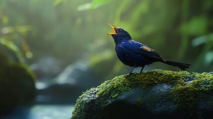 Fototapeta premium A stunning beautiful Whistling Thrush singing on a mossy rock. background wallpaper AI generated image