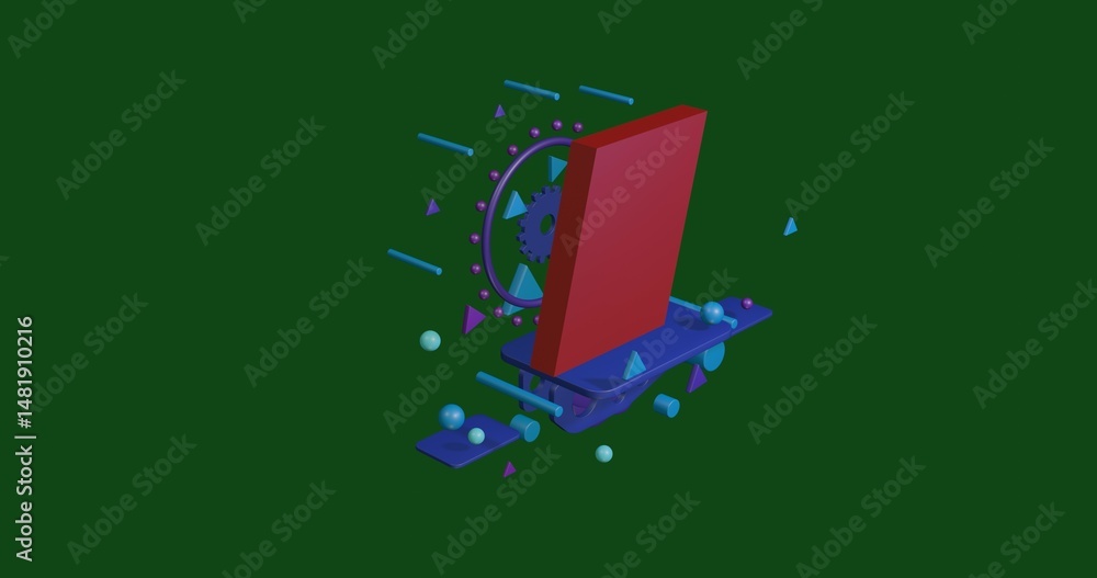 Aufkleber red parallelogram symbol on a pedestal of abstract geometric shapes floating in the air. abstract co