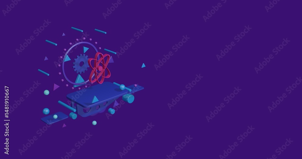 Poster pink atomic symbol on a pedestal of abstract geometric shapes floating in the air. abstract concept 