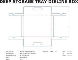 Detailed dieline template for a deep storage tray box with precise measurements and specifications