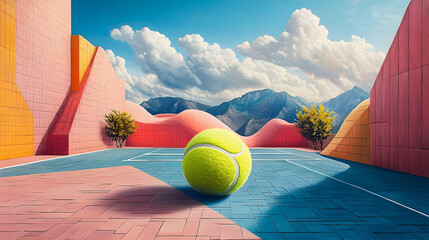 Colorful tennis court in a surreal landscape setting.