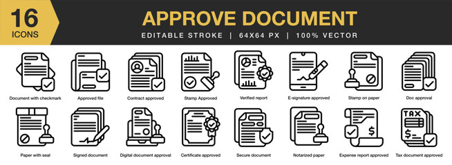 Approved Document icon set. Editable Stroke Icon Collection. Includes document, business, check, approval, approve, agreement, and More. Outline icons vector collection.