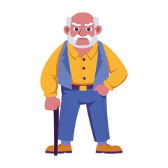 Flat style illustration showing a grumpy grandpa holding cane