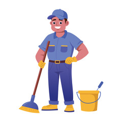 A flat style illustration of janitor cleaning with broom