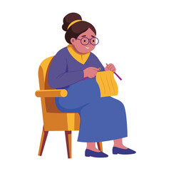 A flat style illustration of grandma knitting on chair