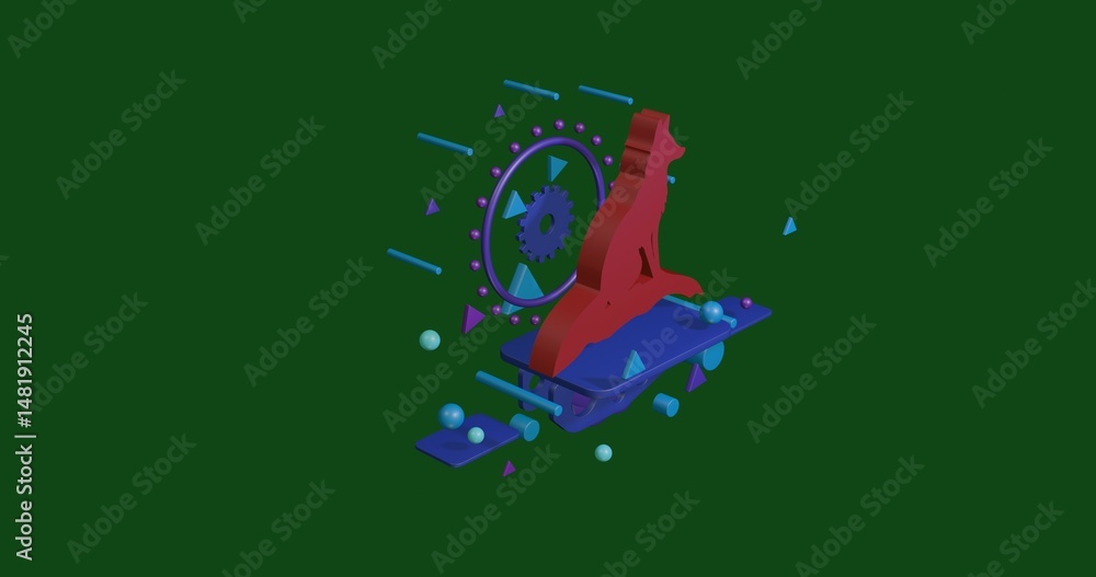 Poster red fox symbol on a pedestal of abstract geometric shapes floating in the air. abstract concept art 