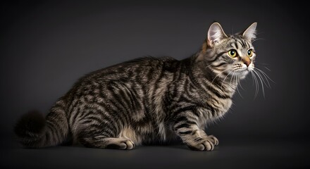 Fototapeta premium Tabby Cat Crouching on Gray Background Alert and Focused