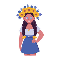 A flat style illustration showing a girl wearing flower crown