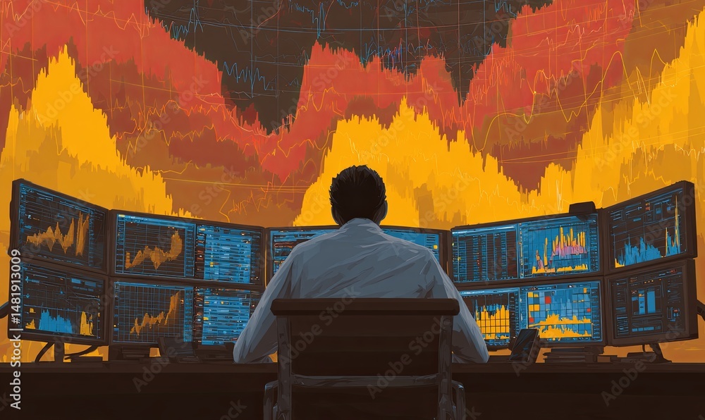Aufkleber trader analyzes market data at a high-tech trading desk