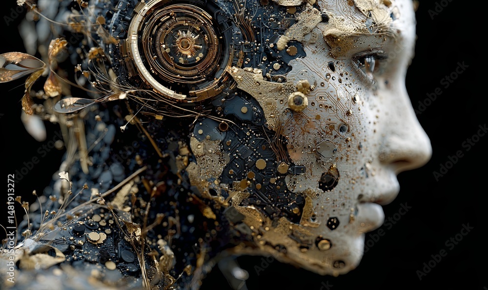 Poster humanoid robot design features intricate details and metallic elements