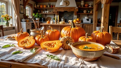 Fresh pumpkins and soup arranged on wooden kitchen table indoors  