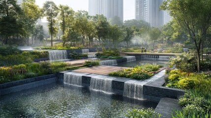 Urban park with cascading waterfalls and wooden pathways in a serene green garden setting