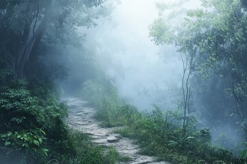 Fototapeta premium A misty forest path surrounded by lush greenery.