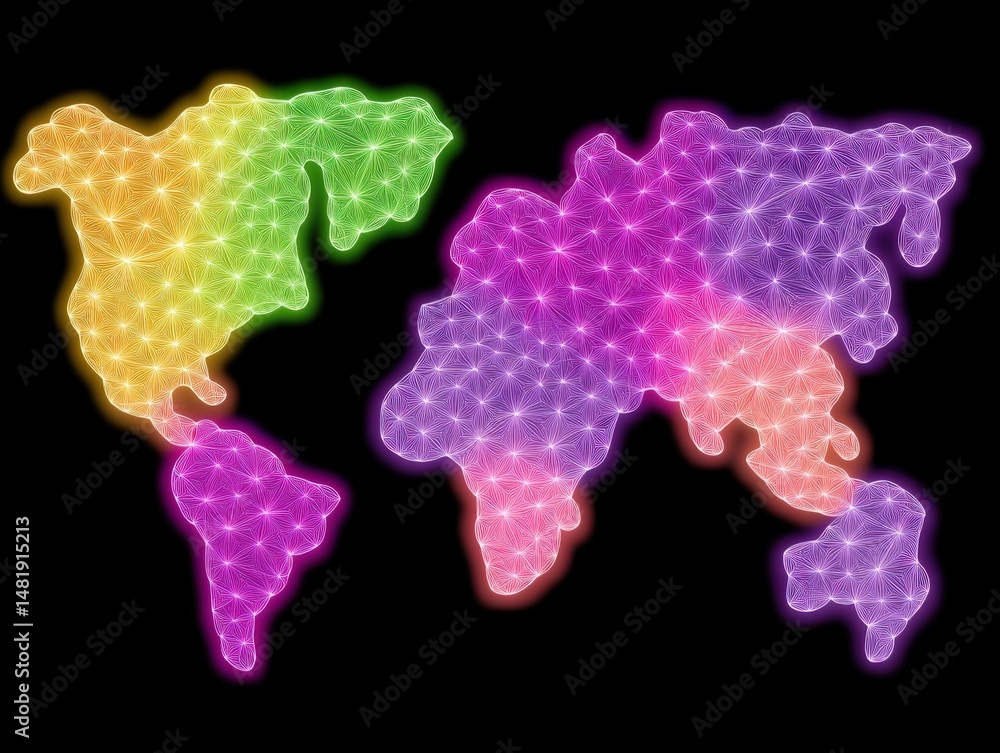 Aufkleber colorful abstract representation of the world map illuminated with bright neon colors depicting inte
