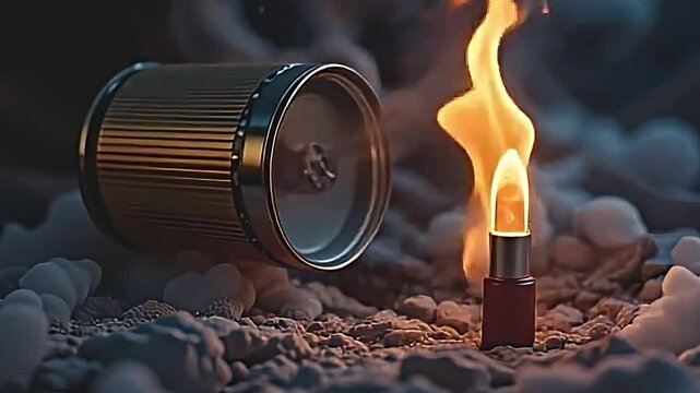 dramatic surreal scene where cylindrical metallic object resembling container barrel engulfed flames. fiery orange yellow hues of fire contrast sharply dark smoky background creating sense...