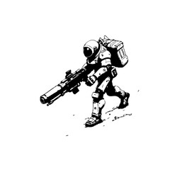 Monochromatic astronaut in futuristic armor, wielding a rifle and carrying gear