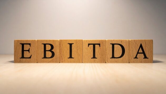 Strategic financial insight high-detail macro of ebitda wooden blocks on modern surface with soft lighting