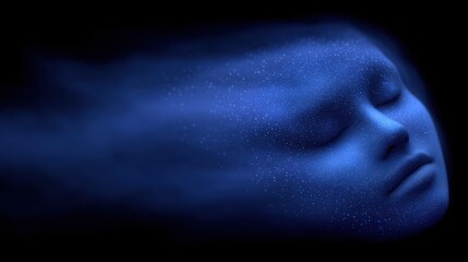 Ethereal representation of a serene human face surrounded by flowing blue mist capturing the essence of tranquility and deep contemplation in a stunning visual abstraction