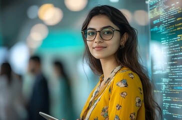 a young professional woman with glasses is posing for the photo, She has a tablet in her hand and standing near a glass wall